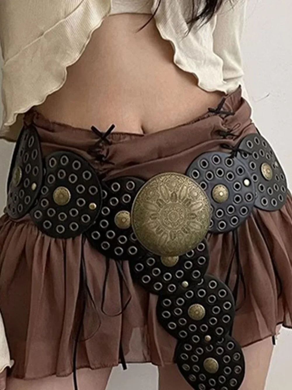 Black Casual Women's Boho Western Style Hollow Out Metal Round Buckle Belt
